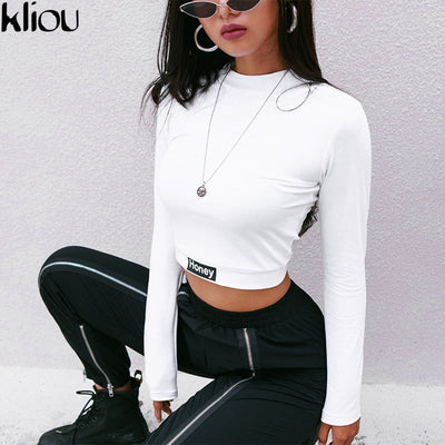 Kliou 2018 Autumn Women New Fashion Solid White Letter Print Full Sleeve Sweatshirts Women Street O-Neck Short Crop tops tee