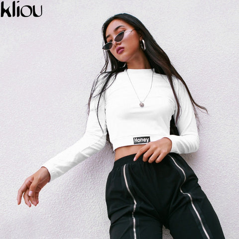 Kliou 2018 Autumn Women New Fashion Solid White Letter Print Full Sleeve Sweatshirts Women Street O-Neck Short Crop tops tee