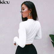 Kliou 2018 Autumn Women New Fashion Solid White Letter Print Full Sleeve Sweatshirts Women Street O-Neck Short Crop tops tee