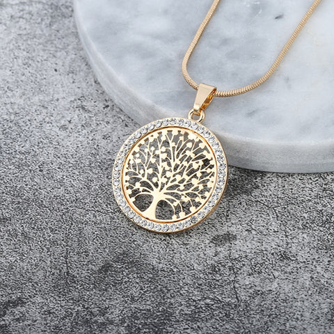 Tree of Life Hot Crystal Round Small Pendant Necklace