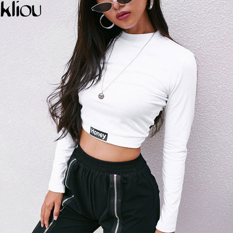 Kliou 2018 Autumn Women New Fashion Solid White Letter Print Full Sleeve Sweatshirts Women Street O-Neck Short Crop tops tee